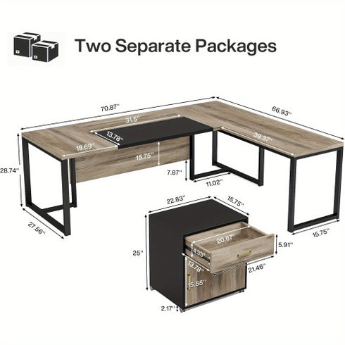 Lantine 70.8" L-Shaped Executive Desk with Drawer Cabinet, Large Executive Office Desk with Separate File Cabinet, Home Office Desk Workstation Business Furniture Set, Retro Gray