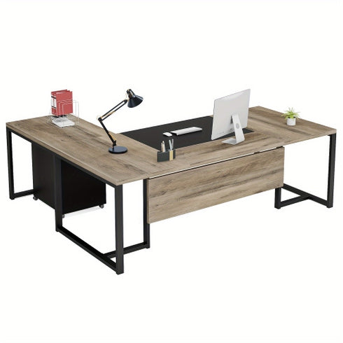 Lantine 70.8" L-Shaped Executive Desk with Drawer Cabinet, Large Executive Office Desk with Separate File Cabinet, Home Office Desk Workstation Business Furniture Set, Retro Gray