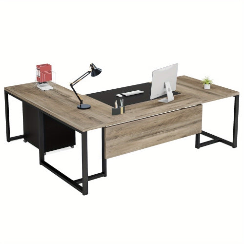 Lantine 70.8" L-Shaped Executive Desk with Drawer Cabinet, Large Executive Office Desk with Separate File Cabinet, Home Office Desk Workstation Business Furniture Set, Retro Gray