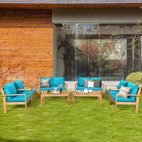 8PCS Patio Furniture Set Acacia Wood Thick Cushion Loveseat Sofa